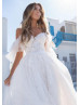 Cold Shoulder Ivory Lace Tulle Boho Wedding Dress